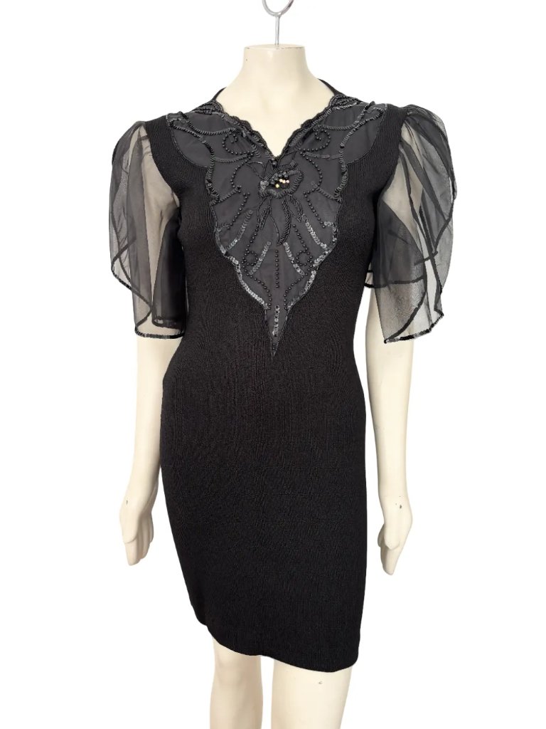 Vtg 80s Elana Collection Sheer Puff Sleeve Embellished Black Cocktail Dress Sz 6